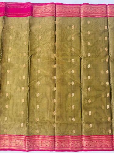 Chanderi Silk Saree | Handwoven | Silk | Light Moss Green & Pink | Gold Zari | Ships from California